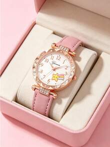 6/1pc, Fashionable Minimalist Elegant Cute Girls Round Pointer Display Quartz Watch Suitable For Girls To Wear, Paired With Heart-Shaped Rhinestone Jewelry, Necklace, Bracelet, Earrings, Ring, Suitable For Parties, Gatherings, Birthdays, Various Holidays To Tell Time, Also Perfect As The Best Gift For Friends/Mom/Girlfriend During Mother's Day, Back To School Season, Wedding Season - Multicolor - View 3