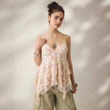 Blusa de verano de gasa con estampado floral retro al estilo americano para mujer, que estiliza la figura; top de tirantes con volantes y encaje, para vacaciones en islas tropicales - Verde - Ver 2