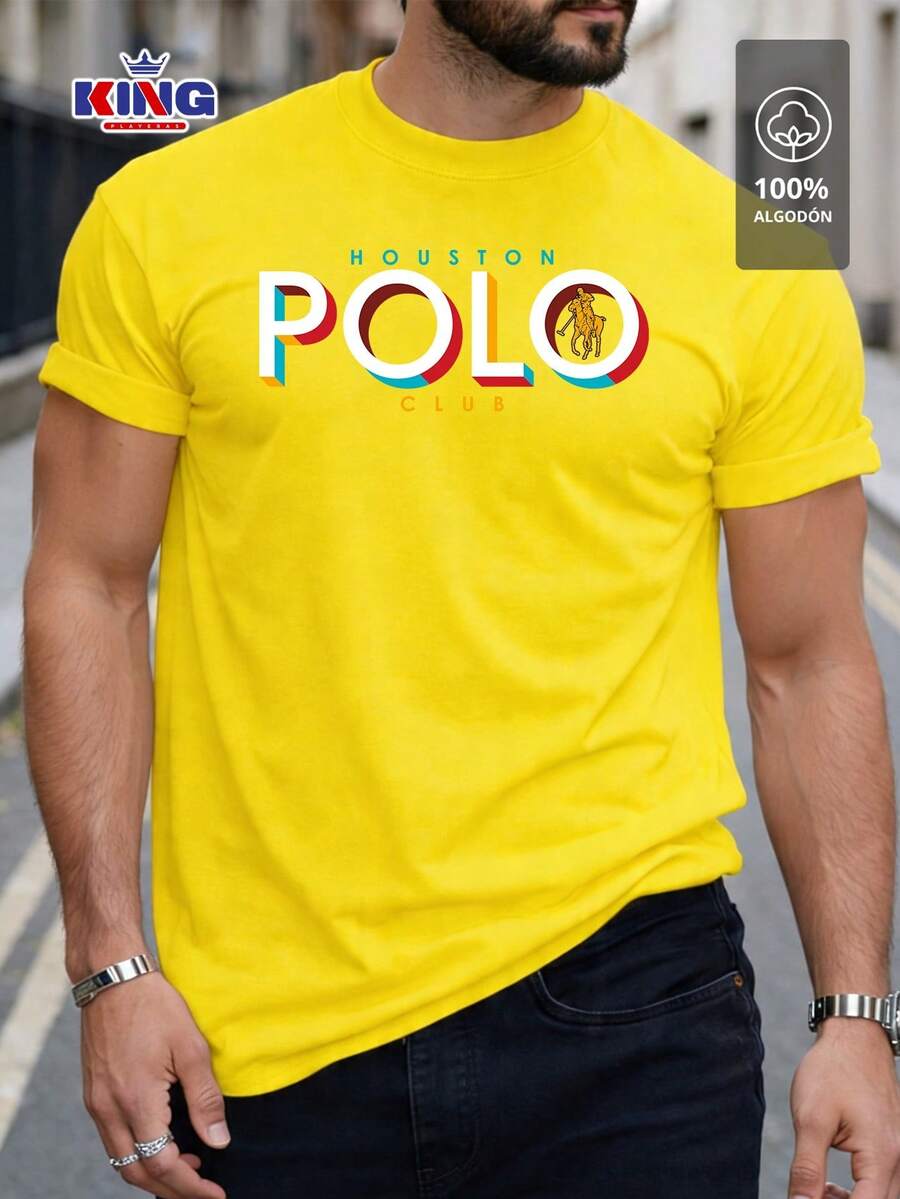 Original HPC POLO T-Shirt With Round Neck And Short Sleeves – Themed Graphic Design "HPC: Retro Typography Houston" – 100% Cotton - 黃色 - 查看 1