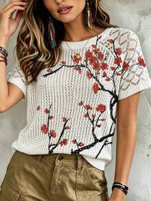 ADFHP Women's Plum Blossom Print Openwork Knit Short Sleeve Top, Casual Crew Neck Spring Summer Daily Wear - Multicolor - View 2
