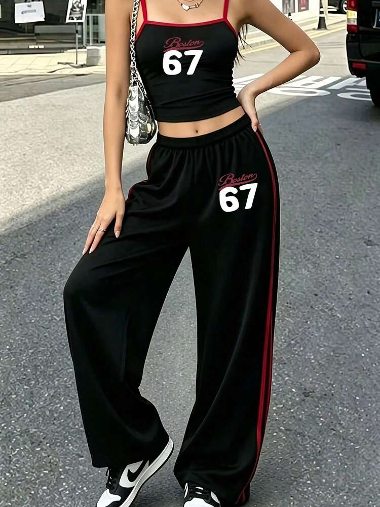 少女吊带背心+直筒宽松裤，美式条纹时尚活力透气休闲套装 - 黑色 - 查看 3
