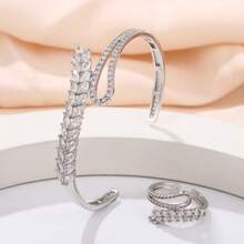1 Set Pulsera y Anillo Abierto con Diseño de Hoja Incrustado en Cobre con Circonita Cúbica y Pedrería Completa - Colocar - Ver 1