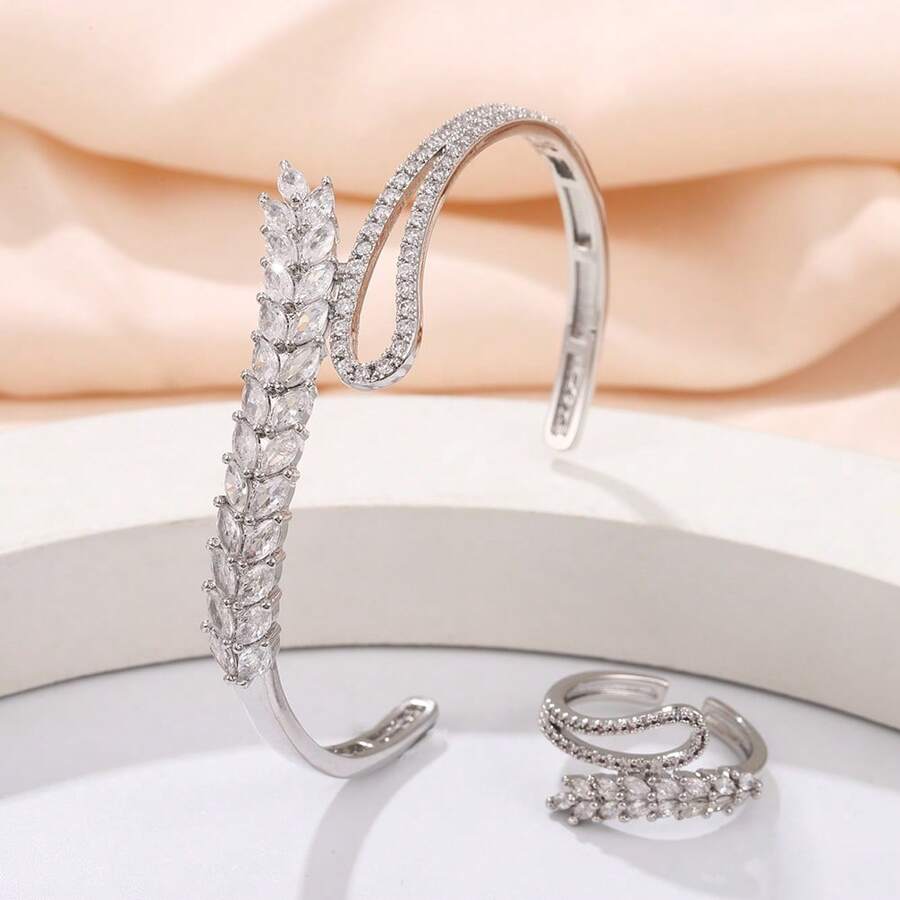 1 Set Pulsera y Anillo Abierto con Diseño de Hoja Incrustado en Cobre con Circonita Cúbica y Pedrería Completa - Colocar - Ver 1