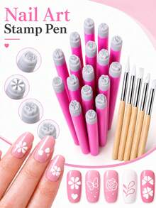 15pcs/11pcs/9pcs Nail Art Stamp Pen Set, Nail Art Stamp Includes Flower, Butterfly, Rose Nail Art Stamp Set, Freely Match Different Patterns To Create Personalized Nail Art, Durable And Resistant To Breakage Or Deformation. Paired With Silicone Nail Art Sculpting Pen, Nail Polish Carving Pen, Rubber Head Nail Brush, Suitable For Gel Nail Polish, Nail Art Stickers - Multicolor - View 1