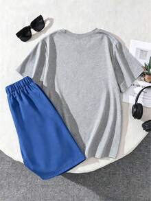 2pcs/Set Tween Boys' "NEVER STOP" Basketball Graphic Tee And Sprots Shorts Outfit, For Summer Sports - 灰色 - 查看 2