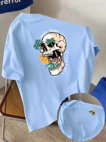 Estilo tropical, estampado de calaveras tanto en la parte delantera como en la trasera, nueva camiseta de cuello redondo para hombre, top holgado de moda casual y deportiva, camiseta de mang - Blanco - Ver 7