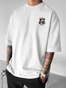 1 Pcs Casual Pure Cotton Oversized Auto Modify Turbo Graphic Short Sleeve Men's Tee Street Style Airport Daily Racing Top - 白色 - 查看 2