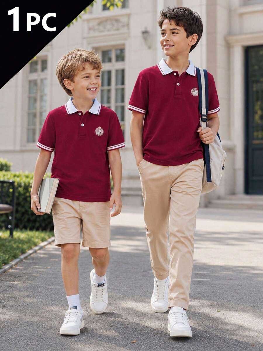 Boys' & Toddlers' Energetic Color Block Trim Short Sleeve Polo Shirt, Suitable For School, Outdoor Activities, Parties, Casual Wear, Performances, Formal Events, Vacations - Burgundy - View 1