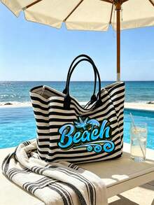 Beach Letter Print Black & White Striped Tote Bag 2pcs Set, Large Capacity Canvas Handbag + Matching Cosmetic Pouch, Waterproof & Stain-Resistant, Fits Swimsuit & Towel, Suitable For Daily Commute, Shopping, Students, Office Workers, Outdoor Picnic, Pool & Beach Vacation, Practical High-Value Summer Gift For Girlfriend & Bestie, Can Be Used As Beach Bag, Handbag, Pool Bag And Travel Organizer - Multicolor - View 1