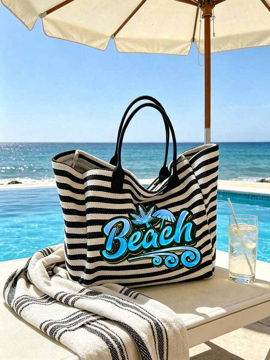 Beach Letter Print Black & White Striped Tote Bag 2pcs Set, Large Capacity Canvas Handbag + Matching Cosmetic Pouch, Waterproof & Stain-Resistant, Fits Swimsuit & Towel, Suitable For Daily Commute, Shopping, Students, Office Workers, Outdoor Picnic, Pool & Beach Vacation, Practical High-Value Summer Gift For Girlfriend & Bestie, Can Be Used As Beach Bag, Handbag, Pool Bag And Travel Organizer - Multicolor - View 1