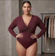 Wrap Bodysuit With Front Detail, Deep Neckline, Long Sleeves - Maroon - View 1