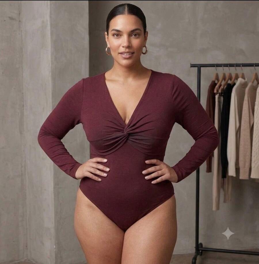 Wrap Bodysuit With Front Detail, Deep Neckline, Long Sleeves - Maroon - View 1