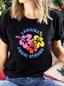 100% CottonAlgodón Camiseta Informal Con Estampado Floral Para Mujer, Manga Corta, Cuello Redondo, Corte Holgado, % Algodón. - Negro - Ver 1