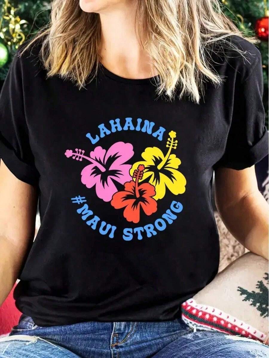 100% CottonAlgodón Camiseta Informal Con Estampado Floral Para Mujer, Manga Corta, Cuello Redondo, Corte Holgado, % Algodón. - Negro - Ver 1