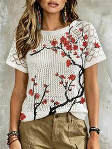 ADFHP Women's Plum Blossom Print Openwork Knit Short Sleeve Top, Casual Crew Neck Spring Summer Daily Wear - Multicolor - View 11