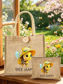 女款多功能托特包，印有可愛蜜蜂與「BEE HAPPY」圖案，度假風字母設計購物袋，適合婚禮、生日、海灘及各種節日場合，亞麻托特包，教師節禮物袋，便攜輕量可折疊收納袋，簡約百搭，護理師、醫生、教師感謝收納袋，母親節禮物，個人旅行化妝收納袋，購物袋，教師節與開學季最佳禮物選擇 - 彩色 - 查看 1