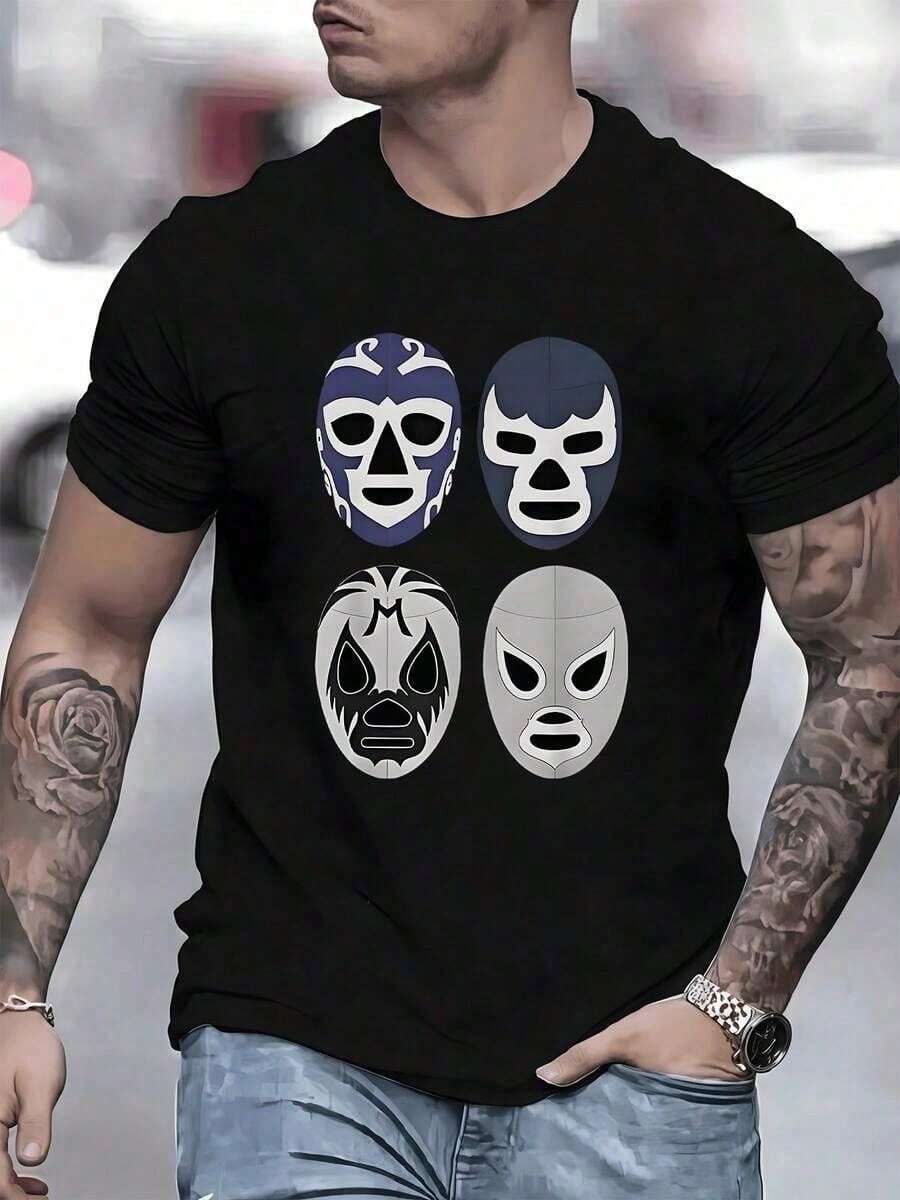 camisetas para hombre  áscara de luchador Camiseta de cuello redondo para hombres,% algodón Estilo urbano 1 unidad de  Ropa casual con dise?o de lucha libre mexicana vintage y estampados mod - Negro - Ver 1