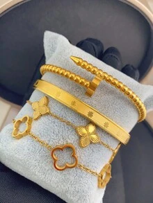 4件/1件 奢華不鏽鋼鑲鑽四葉草與星星手鍊套組，復古優雅女款飾品，適合日常佩戴、送禮、派對、時尚聖誕禮物 - 金色 - 查看 13