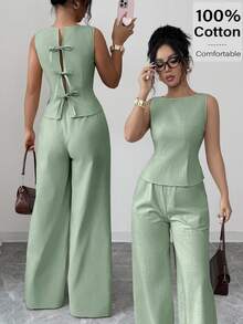 Elegante conjunto de dos piezas de lujo a cuadros negros, elegante blusa de verano con lazo en la espalda y pantalones de pierna ancha, conjunto a juego sexy con recorte y lazo en la espalda - verde menta - Ver 1