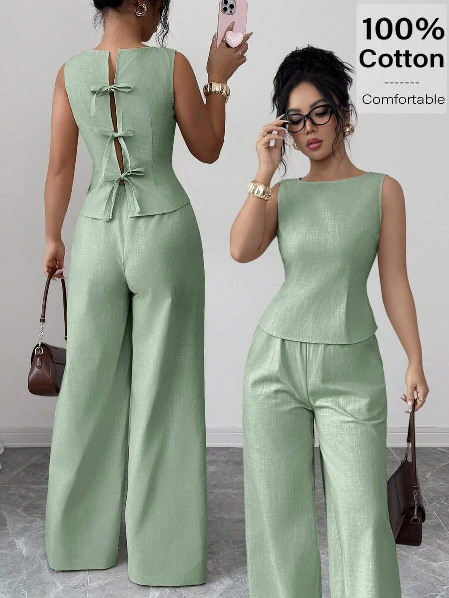 Elegante conjunto de dos piezas de lujo a cuadros negros, elegante blusa de verano con lazo en la espalda y pantalones de pierna ancha, conjunto a juego sexy con recorte y lazo en la espalda - verde menta - Ver 1