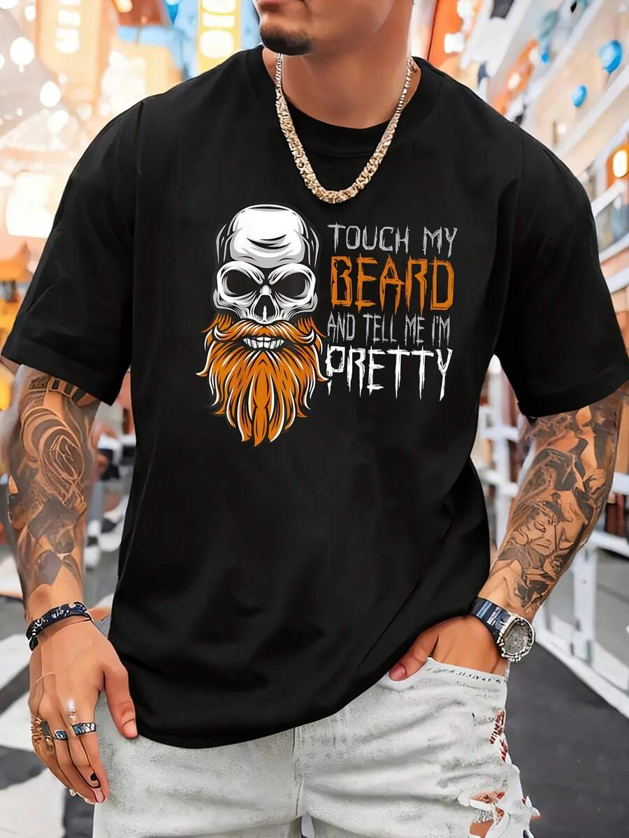 Camiseta con Estampado de Calavera y Barba - Suave, de Cuello Redondo y Manga Corta para Hombre - Ropa Casual Urbana con Estampados Atrevidos en Naranja y Blanco, Adecuada para Todas las Tem - Negro - Ver 1