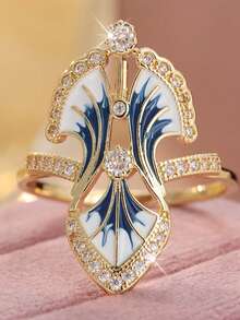 Blue Enamel Plant Leaf Design Women's Ring With Sparkling Synthetic Cubic Zirconia, Fresh Style Party & Daily Fashion Accessory, Versatile Jewelry - Multicolor - View 2