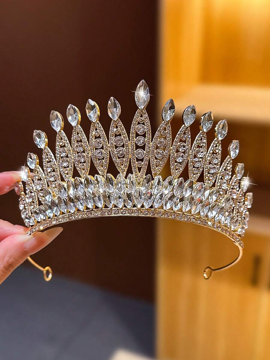 1pc Silver Large Crown Headpiece Girls High-End Crystal Tiara Birthday Gift Princess Hair Clip Hairpin Hair Accessory - Silver - View 1