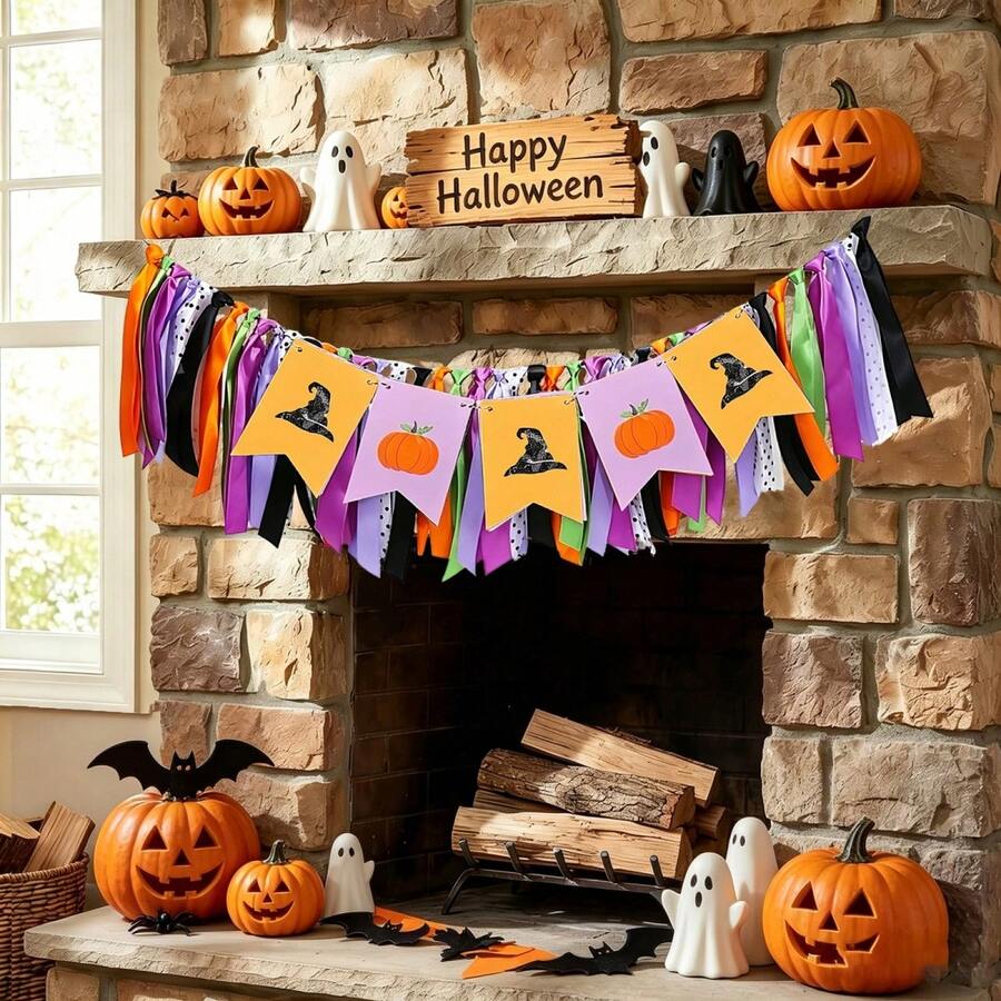 Halloween High Chair Banner Party Decorations Pumpkin Withc Hat Ribbon Tassel Garland Photo Props - Multicolor - View 1