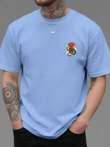 Camiseta de cuello redondo para hombre con estampado de dragón y sol rojo en ambas caras, estilo casual, deportivo, moderno y holgado, de manga corta para estudiantes y adolescentes. - Blanco - Ver 9