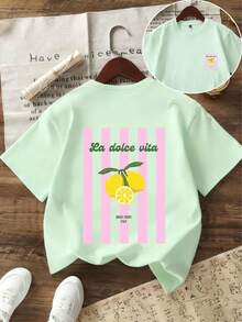 Kaos Pullover Lengan Pendek Leher Bulat Motif Grafis Lucu Kasual untuk Anak Perempuan Remaja Musim Panas - Mint Green - View 4