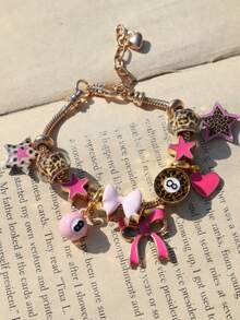 1pc Leopard Print Bow & Heart Charm Bracelet, Leopard Print DIY Bracelet, Leopard Print Star Bracelet, Pink Star Bracelet - Gold - View 4