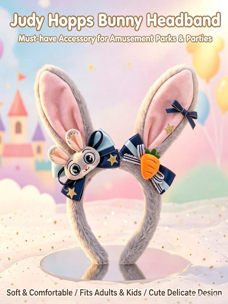 Disney Zootopia Judy Rabbit Plush Headband With 3D Doll And Carrot Bow, Soft Faux Fur Hairband, Suitable For Disney Park, Birthday Party, Skincare And Selfie - Light Grey - View 1