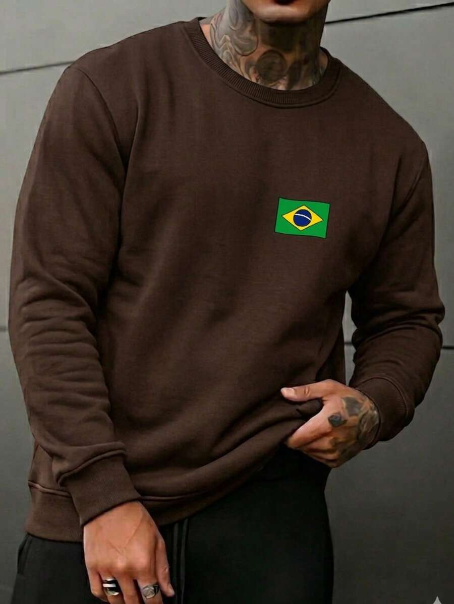 Men's Comfortable And Warm Printed Crew Neck Sweatshirt With Brazil World Cup Design - Rust Brown - View 1
