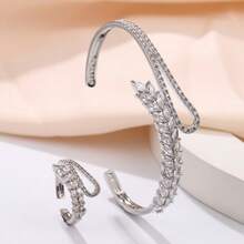 1 Set Pulsera y Anillo Abierto con Diseño de Hoja Incrustado en Cobre con Circonita Cúbica y Pedrería Completa - Colocar - Ver 3