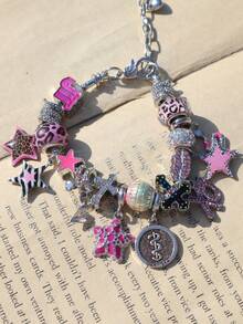 1 pieza Pulsera con dije de corazón y cruz con estampado de leopardo rosa, Pulsera de estrella con estampado de leopardo para niñas, Pulsera de amistad de estrella fucsia para niñas, Pulsera DIY de cruz oscura - Plateado - Ver 4