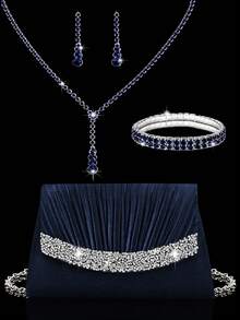 Bolso de mano de noche plisado con strass brillante, bolso de hombro de fiesta lujoso para mujer, combinado con collar colgante de strass brillante, pendientes, pulsera, adecuado para fiestas, reuniones, bailes, banquetes nocturnos - Azul Marino - Ver 1