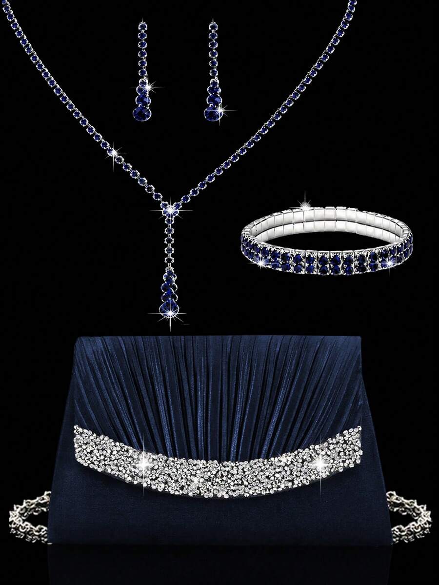 Bolso de mano de noche plisado con strass brillante, bolso de hombro de fiesta lujoso para mujer, combinado con collar colgante de strass brillante, pendientes, pulsera, adecuado para fiestas, reuniones, bailes, banquetes nocturnos - Azul Marino - Ver 1