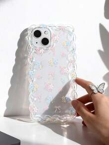 1 pieza Funda de teléfono suave transparente a prueba de golpes de silicona con lazo estilo femenino fresco, patrón floral colorido y volantes ondulados, compatible con iPhone 11/12/13/14/15/16/17 Pro Max - Multicolor - Ver 3