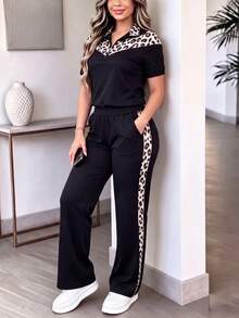 2 piezas Conjunto deportivo con estampado de leopardo para mujer, top de manga corta y cuello alto casual de verano y pantalones con bolsillos, conjunto deportivo - Negro - Ver 5