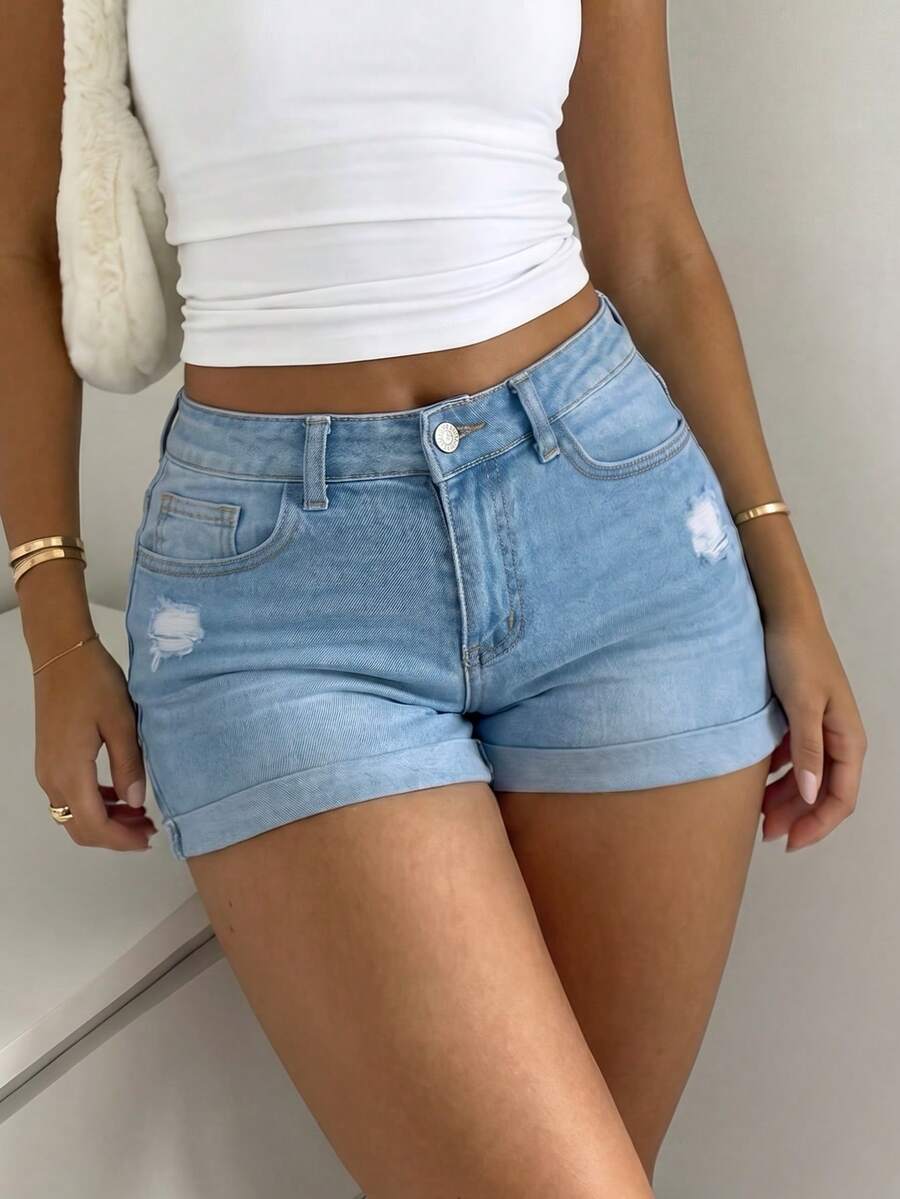 女款百搭休閒捲邊牛仔短褲,夏季 - 淺色水洗藍 - 查看 1