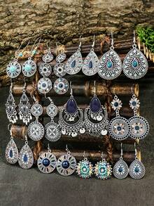 TopHanqi 12pairs Water Drop Earrings Retro Ethnic Style 12 Pairs Of Women's Earrings Multi-colored Set Round Drop-shaped Flower Set With Turquoise Set With Colored Rhinestone Pendant Combination Earrings - Multicolor - View 1