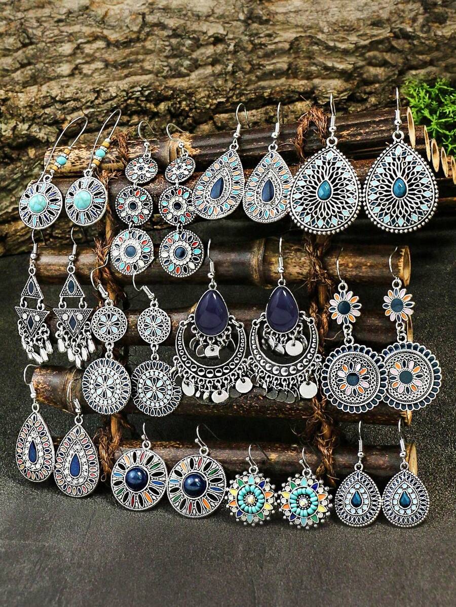 TopHanqi 12pairs Water Drop Earrings Retro Ethnic Style 12 Pairs Of Women's Earrings Multi-colored Set Round Drop-shaped Flower Set With Turquoise Set With Colored Rhinestone Pendant Combination Earrings - Multicolor - View 1