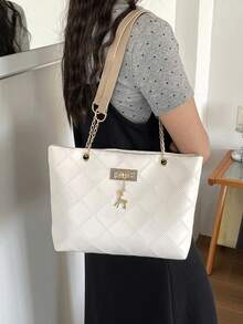Bolso de mano de gran capacidad para mujer, bolso de hombro con cadena elegante, nueva bolsa de moda para debajo del brazo, bolso de lino retro - Blanco 5 - Ver 7