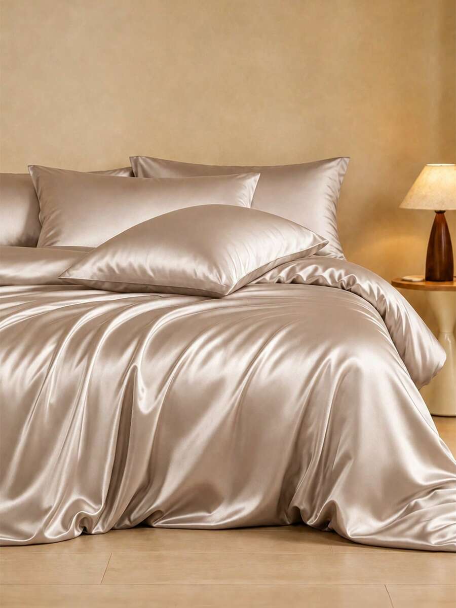3pcs Luxury Satin Duvet Cover Bedding Set, Silky Lightweight & Breathable Fabric For Cozy Sleep. Minimal Stylish Design With Zipper Closure And Inner Corner Ties. Available In Double/Full/Queen/King Sizes, All-Season Practical Home Bedding. - Champagne - View 1