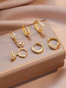 6pcs/Set Zirconia Stud Earrings Set, Polished Teardrop + Five-Pointed Star + Twisted Earring Decor, Shiny Glossy Versatile Women's Earrings, JENNIE Style Earrings, Fashion Women's Daily, Work, Shopping Essential - Gold - View 3