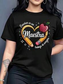 Women's T-Shirts. Printed T-Shirt With The Word "Teacher" In The Center And Around It A Heart-Shaped Pencil, An Apple And A Phrase At The Top And Bottom: "Teaching Is A Job Of..." - 黑色 - 查看 1