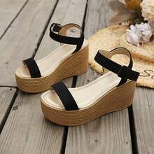1 Pair Women's Summer Outdoor Thick Sole Wedge Sandals, Elastic Strap + Open Toe Design, Faux Suede Soft Material, Non-Slip Wear-Resistant Platform Sole, Open Toe High-Top Cross Strap Style, Ultra-High Wedge Vacation Style, Versatile Women's Sandals For Daily Commute, Beach Vacation, Shopping, Outings, Music Festival Outfits - Black - View 4