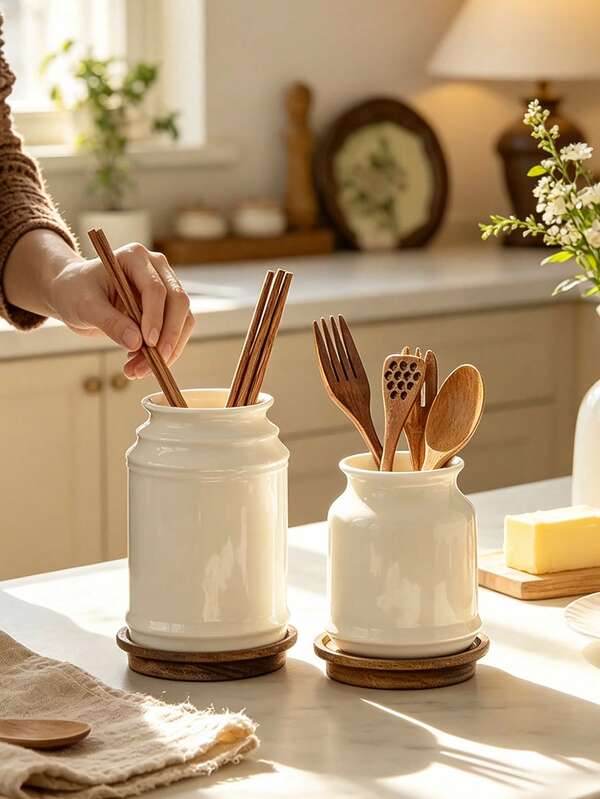 Soporte minimalista de resina blanca para palillos y utensilios, estante de utensilios de cocina estilo nórdico con bandeja de madera, estante multifuncional para almacenamiento de cuchillos, tenedores y cucharas, adecuado para cocina del hogar, mesa de comedor, cafetería, bistró, organización de encimera, decoración de mesa, material de resina duradero, fácil de limpiar, perfecto para uso diario en la cocina y exhibición en la mesa