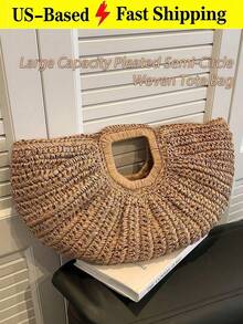 1pc Large Capacity Khaki Handbag Tote Bag Woven Bag Open Straw Bag Round Bag,Large Capacity Khaki Tote Bag,Open Top Round Bag,Travel Vacation Beach - 彩色 - 查看 12