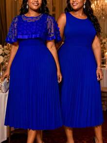 Plus Size Women Blue Butterfly Mesh Sleeve High Waist Ruffle Formal Dress Wedding Spring Party Fall - Royal Blue - View 10
